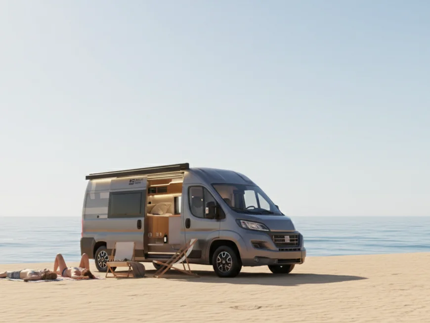 Camper parcheggiato sulla spiaggia con persone sdraiate sulla sabbia