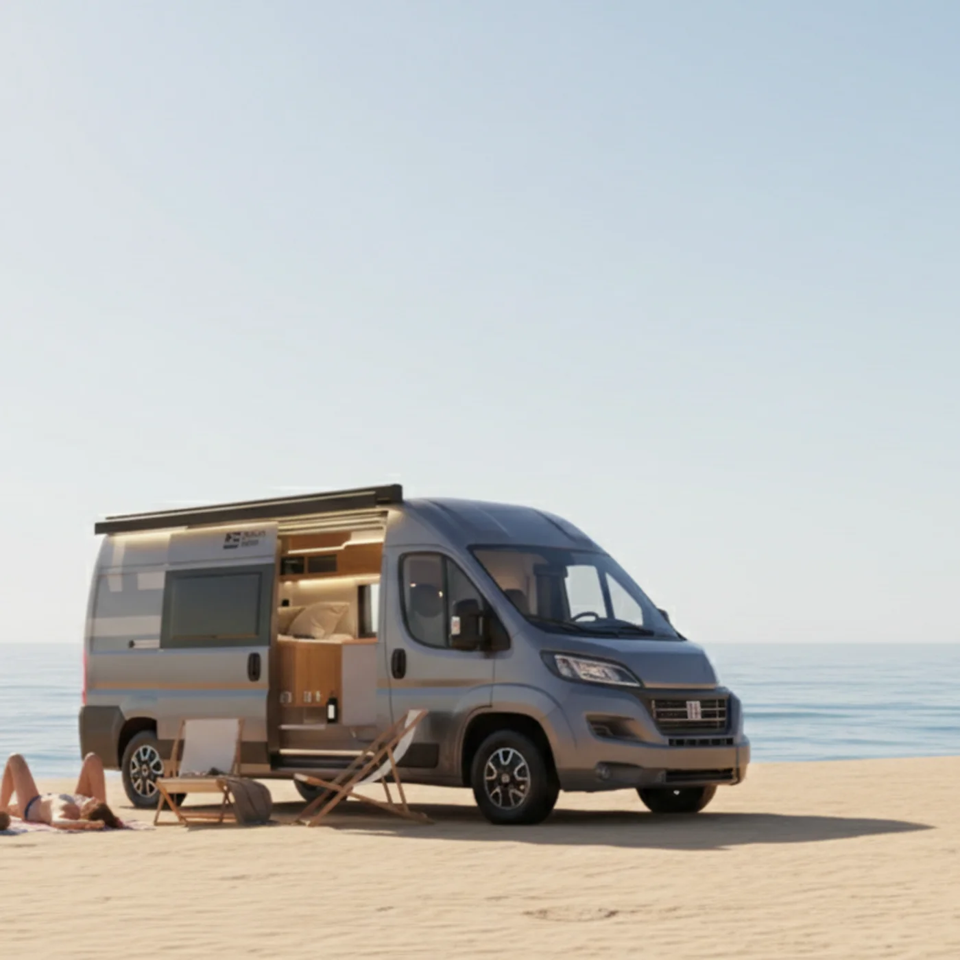 Camper parcheggiato sulla spiaggia con persone sdraiate sulla sabbia