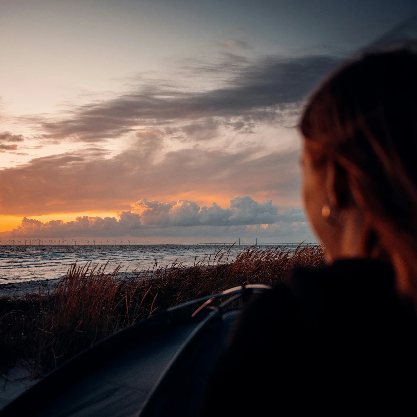 Donna che osserva il tramonto sull'oceano con cielo nuvoloso e vento sulle erbe