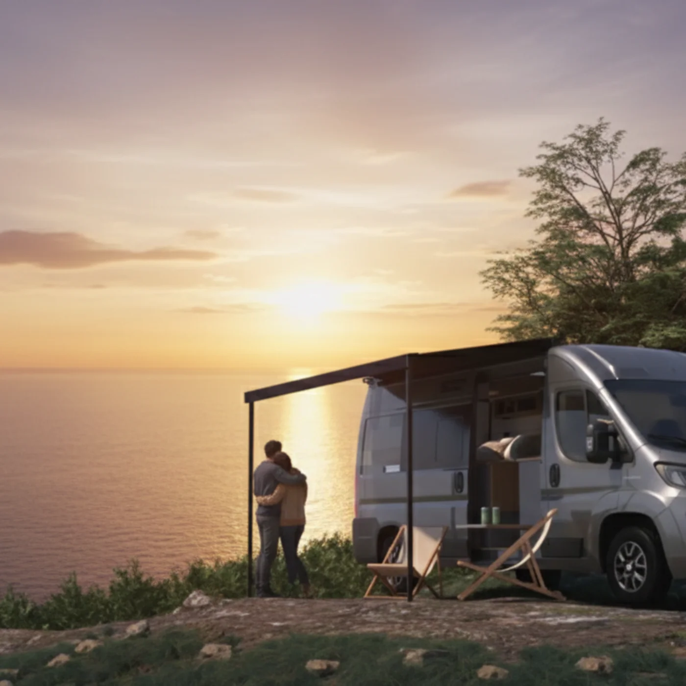 I nostri van sono targati Nomade Nation Coppia abbracciata accanto a camper al tramonto su una scogliera davanti al mare
