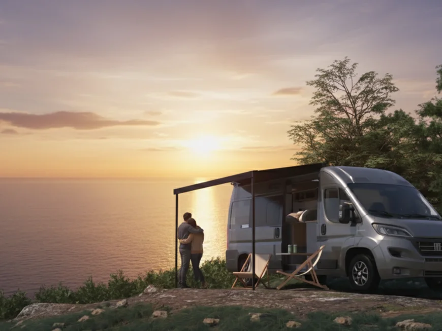 I nostri van sono targati Nomade Nation Coppia abbracciata accanto a camper al tramonto su una scogliera davanti al mare