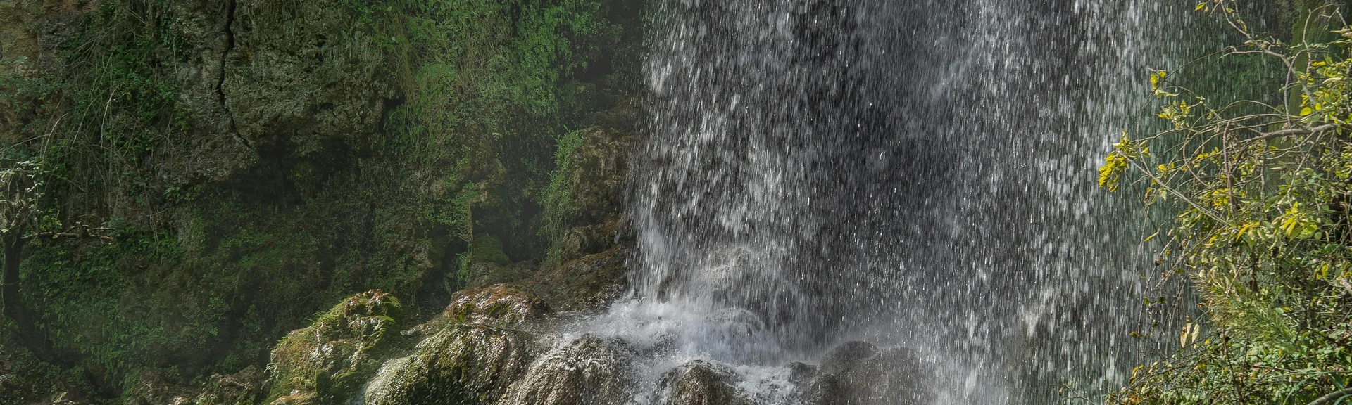 Cascata che scorre su rocce coperte di muschio in un ambiente naturale verde.