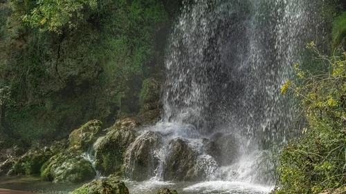Cascata che scorre su rocce coperte di muschio in un ambiente naturale verde.