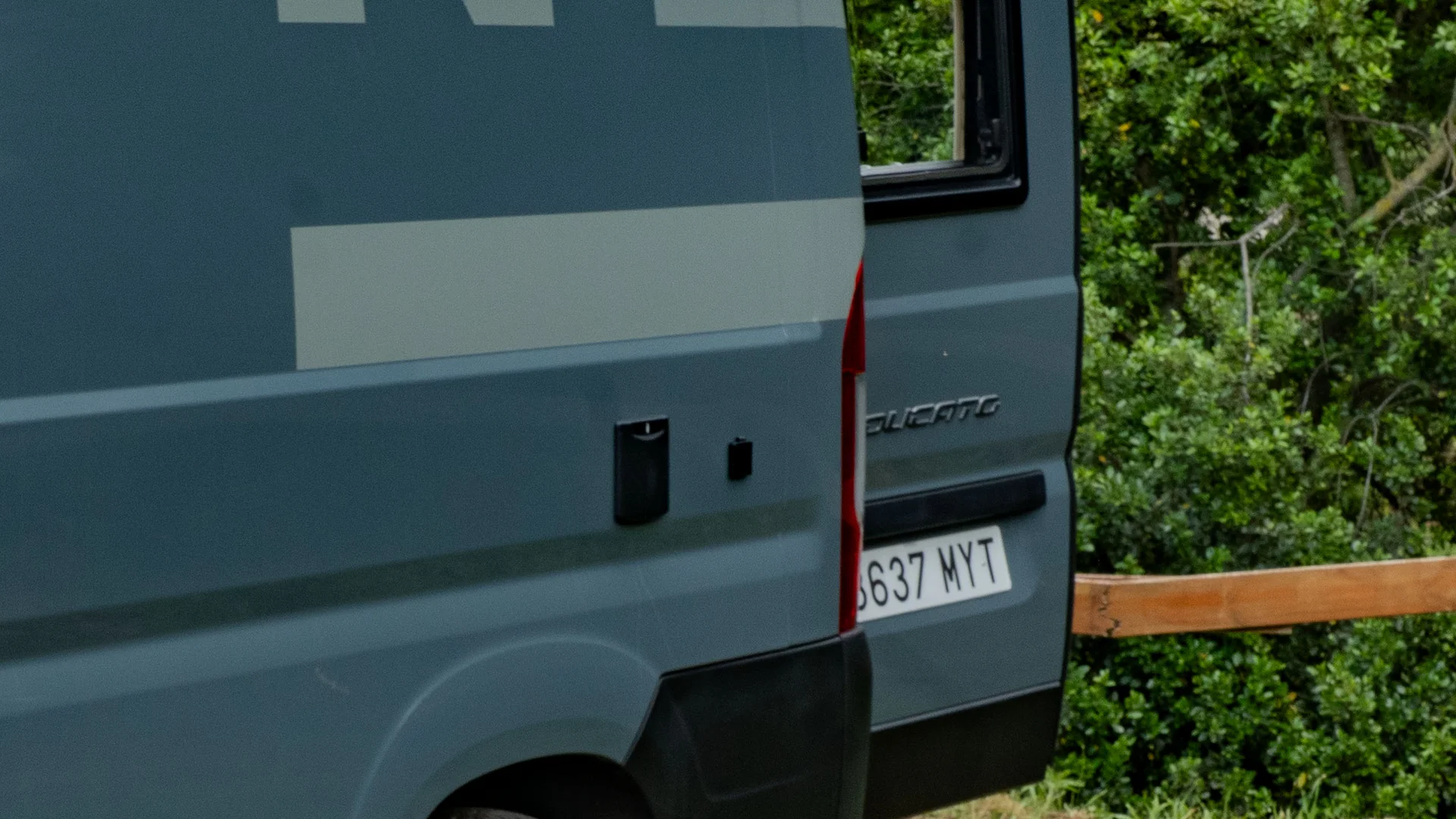 Parte posteriore di un furgone grigio parcheggiato su erba