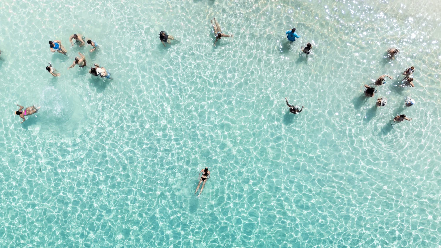 Persone che nuotano e si divertono in acqua chiara e poco profonda